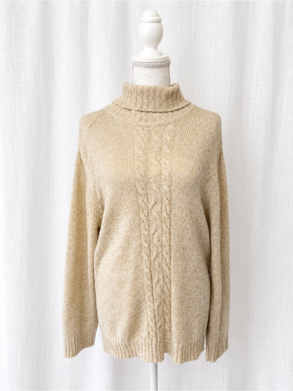 Cable-Front Turtleneck Sweater in Beige